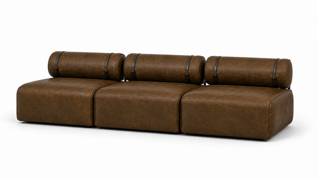 Poltrona / Sofá Modular Roll Pinhão em Couro Natural — 1, 2 ou 3 Módulos — versão 3 Módulos — 285 × 100 × 81 cm