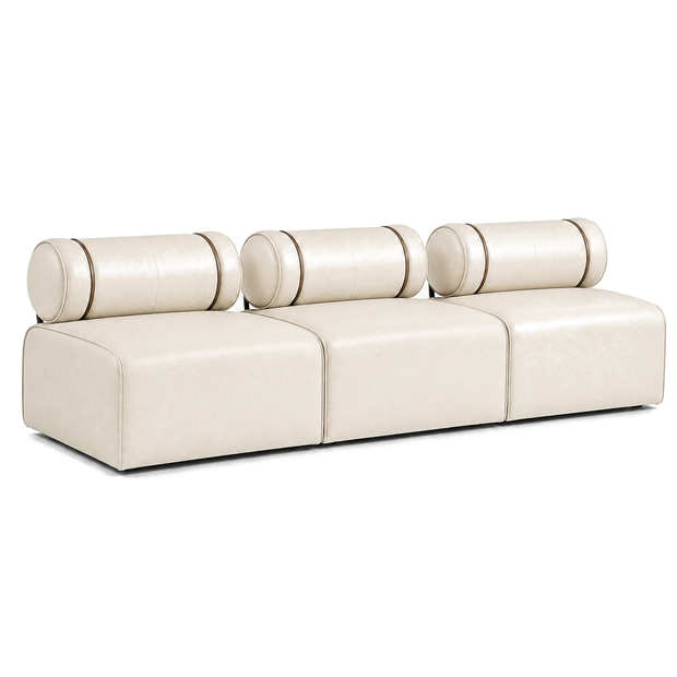 Poltrona / Sofá Modular Roll Marfim em Couro Natural — 1, 2 ou 3 Módulos — versão 3 Módulos — 285 × 100 × 81 cm