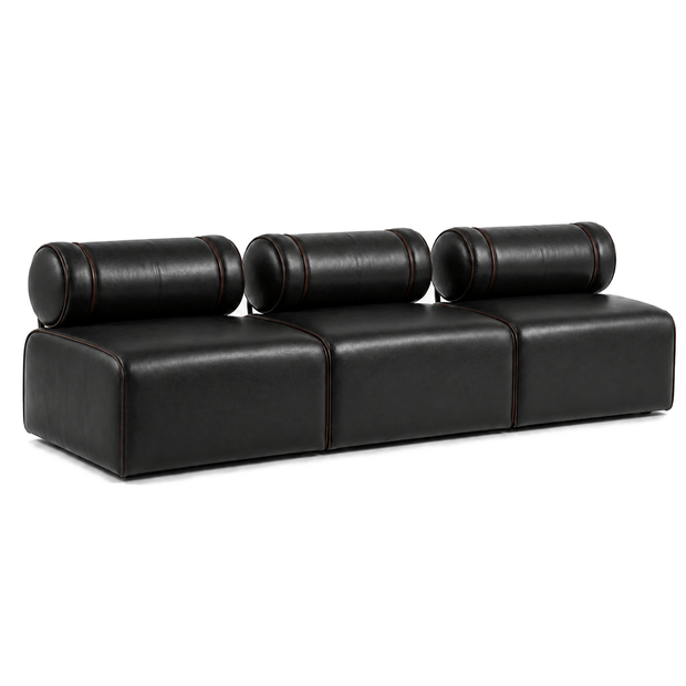Poltrona / Sofá Modular Roll Preto Grafite em Couro Natural — 1, 2 ou 3 Módulos — versão 3 Módulos — 285 × 100 × 81 cm