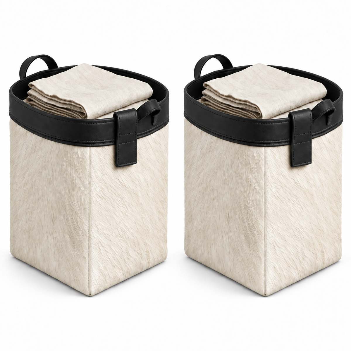 Kit com dois cesto organizador artesanal em couro bovino branco com preto em fundo branco