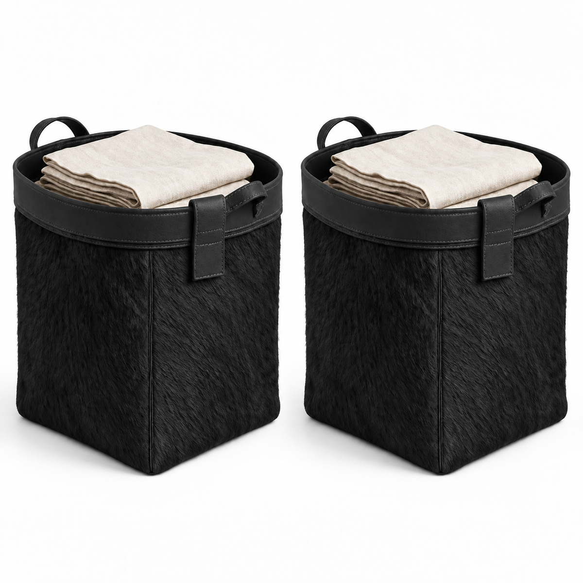 Kit com dois cesto organizador artesanal em couro bovino preto total em fundo branco