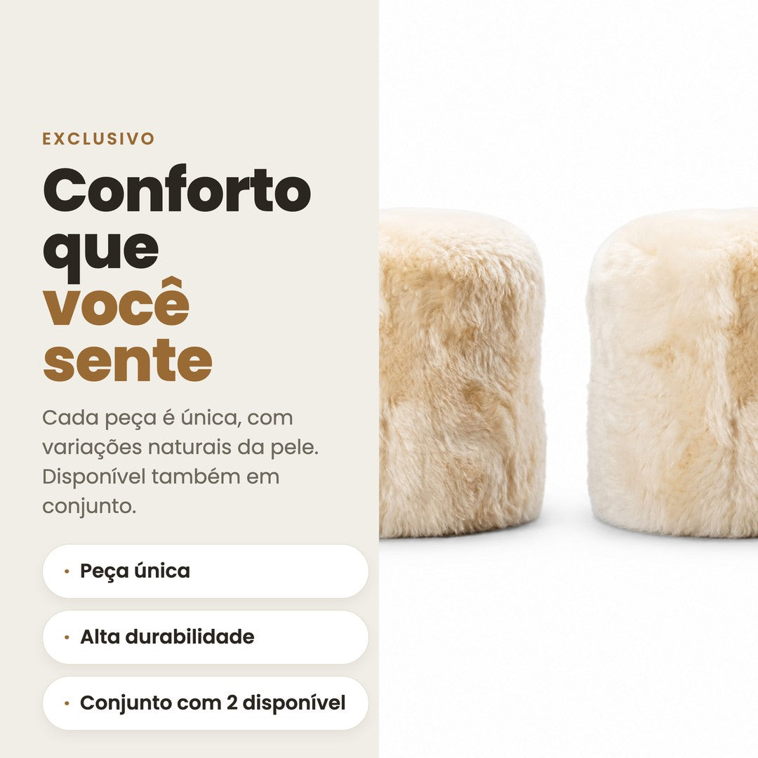 DECOURO · Puff Pelego Natural Redondo — Ultra Maciez — Versatilidade