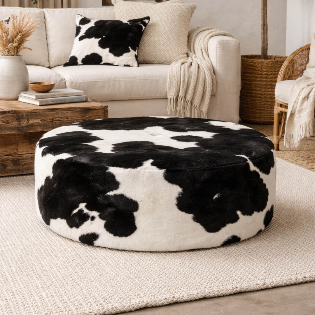 Puff Redondo em Couro Bovino Natural - Preto e Branco