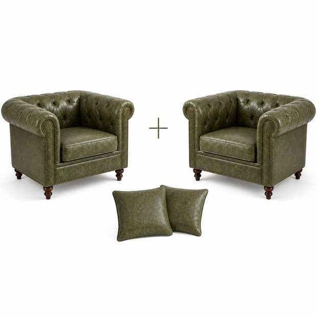 Poltrona Inglesa Chesterfield Verde Esmeralda em Couro Premium (Texturizado) — versão 2 Poltronas + 2 Almofadas