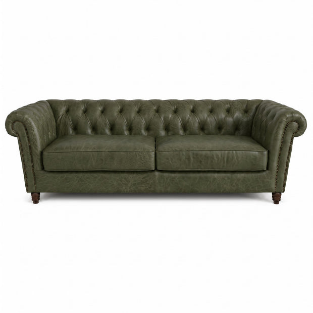 Sofá Inglês Chesterfield Verde Esmeralda em Couro Premium (Texturizado) 2, 3 ou 4 Lugares — versão 2 Lugares