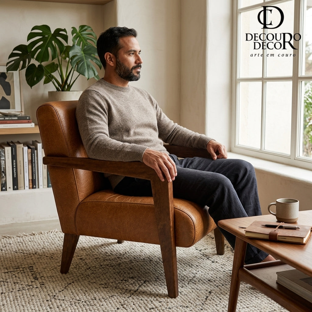 Poltrona Alice em Couro La Paz Caramelo | DECOURO — foto de ambiente 1:1