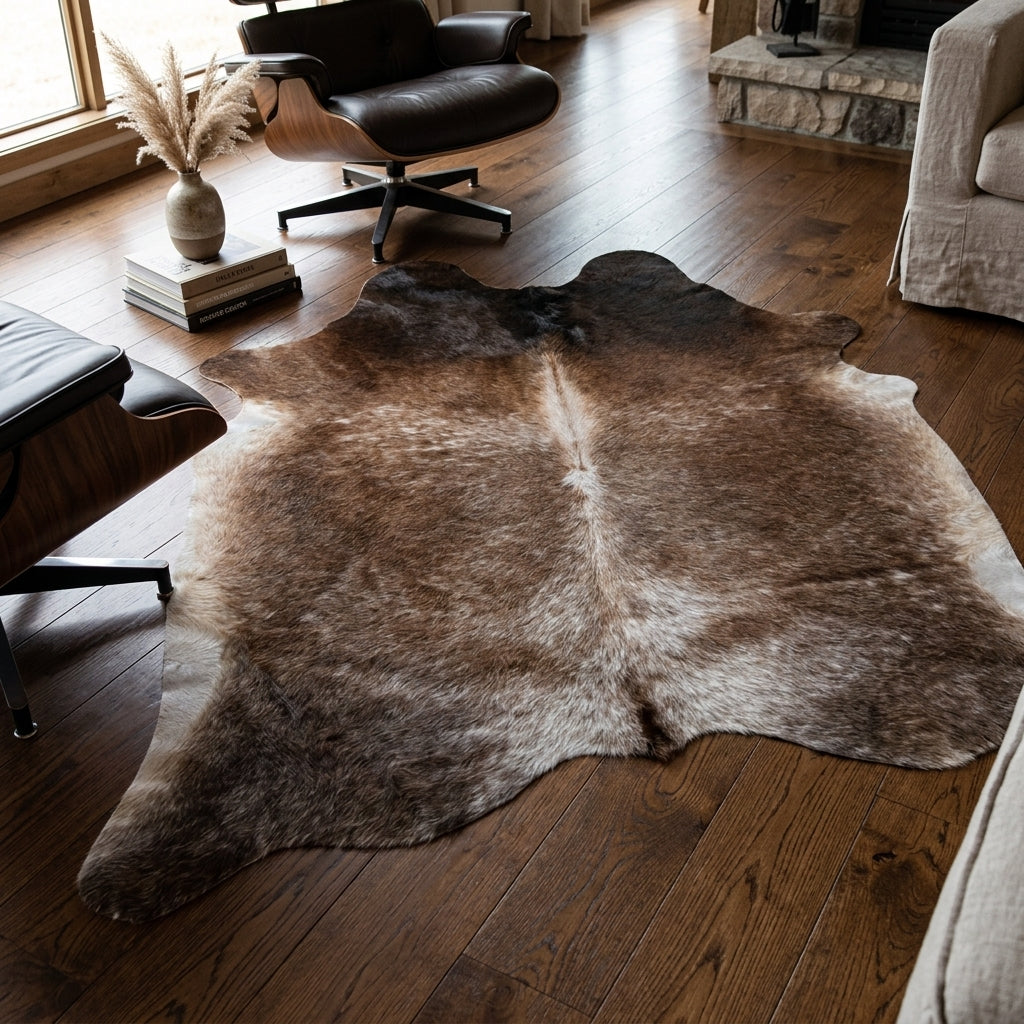 Tapete de pele de boi natural exótico marrom e branco EXC1043 — foto de ambiente 1:1