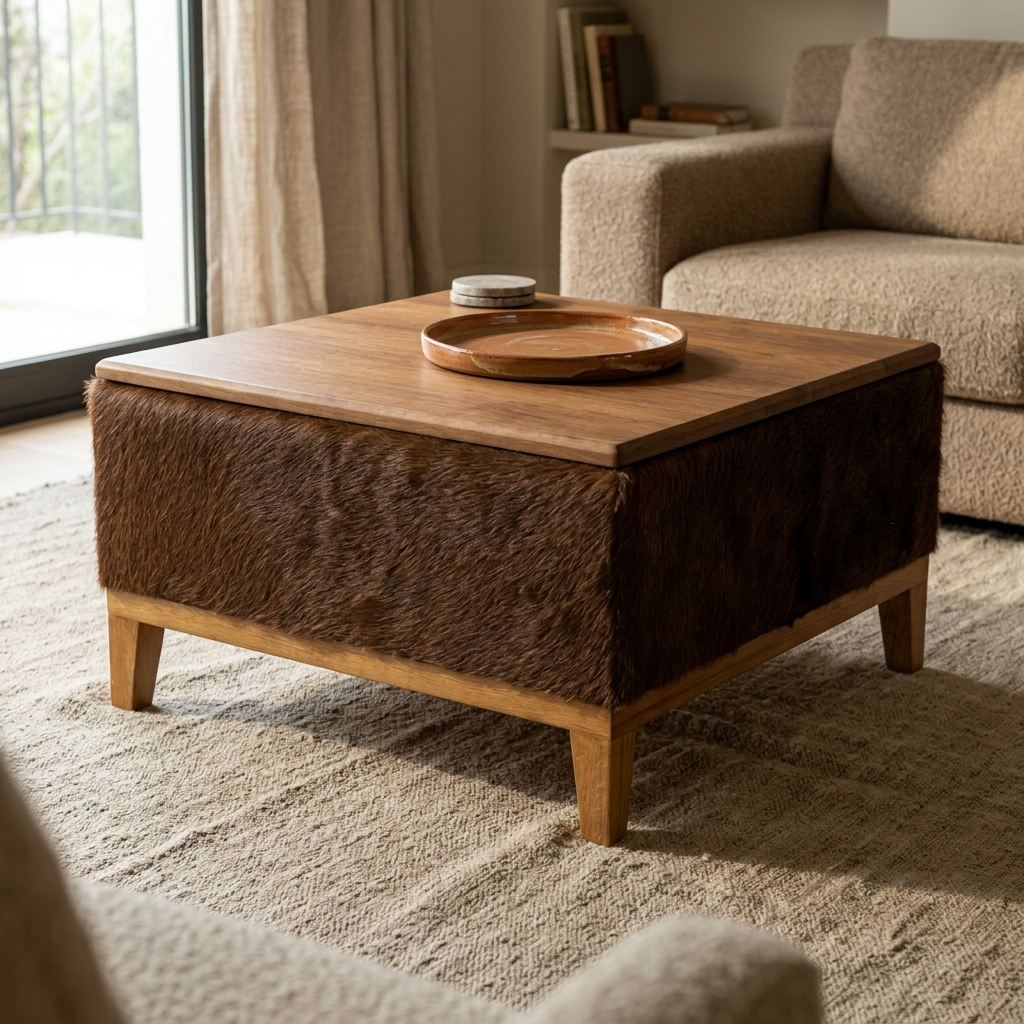 Mesa de Centro Marrom em Couro e Madeira Maciça 60x60x35cm — foto de ambiente 1:1