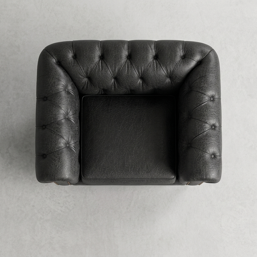 Poltrona Chesterfield Preto Grafite vista de cima, mostrando o capitonê do encosto e dos braços