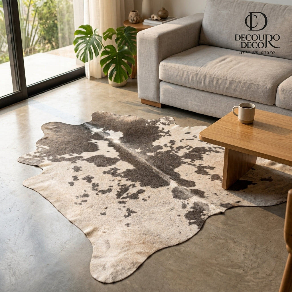 Tapete de pele de boi natural exótico cinza e branco - linha premium EXC1029 — foto de ambiente 1:1