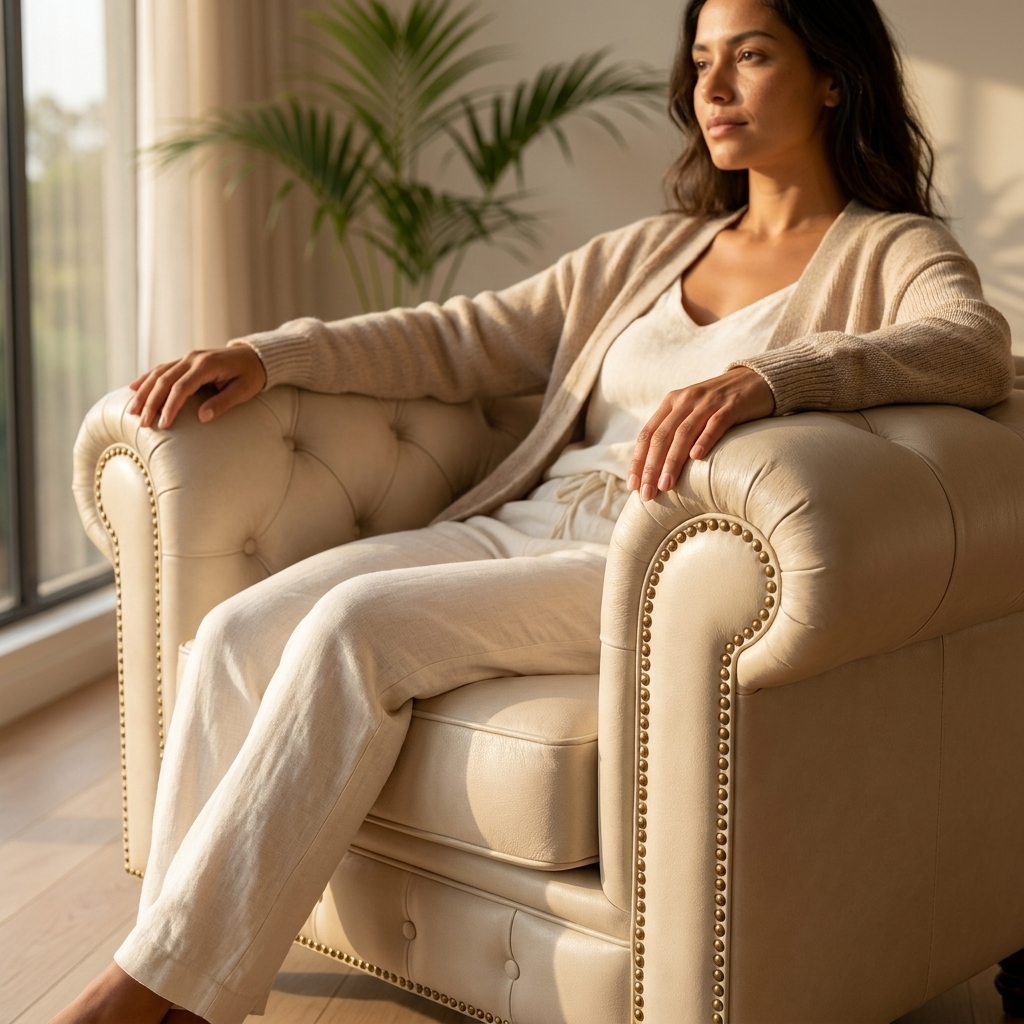 Mulher sentada na Poltrona Chesterfield Marfim em ambiente claro com luz de janela
