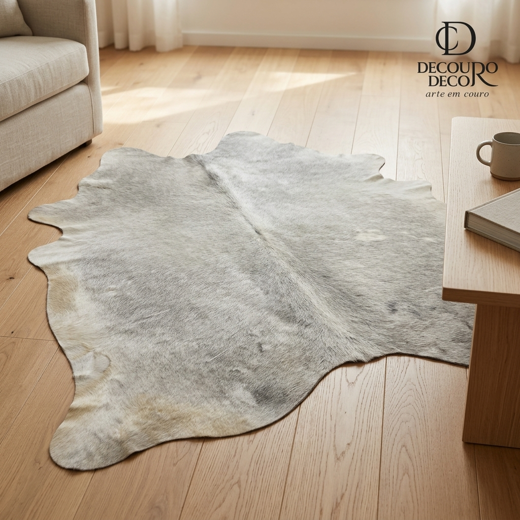 Tapete de pele de boi natural cinza pelo curto GR1186 — foto de ambiente 1:1