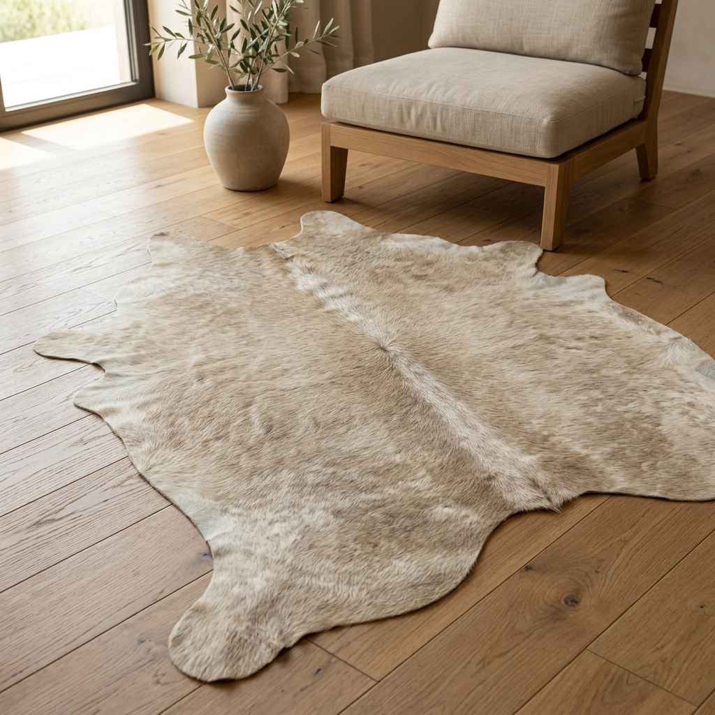 Tapete de pele de boi branco perola BRA1290 — foto de ambiente 1:1