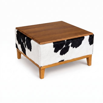 Mesa de Centro Preto e Branco em Couro e Madeira Maciça 60x60x35cm