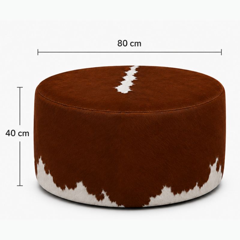 Puff Redondo em Couro Bovino Natural - Hereford Marrom e Branco