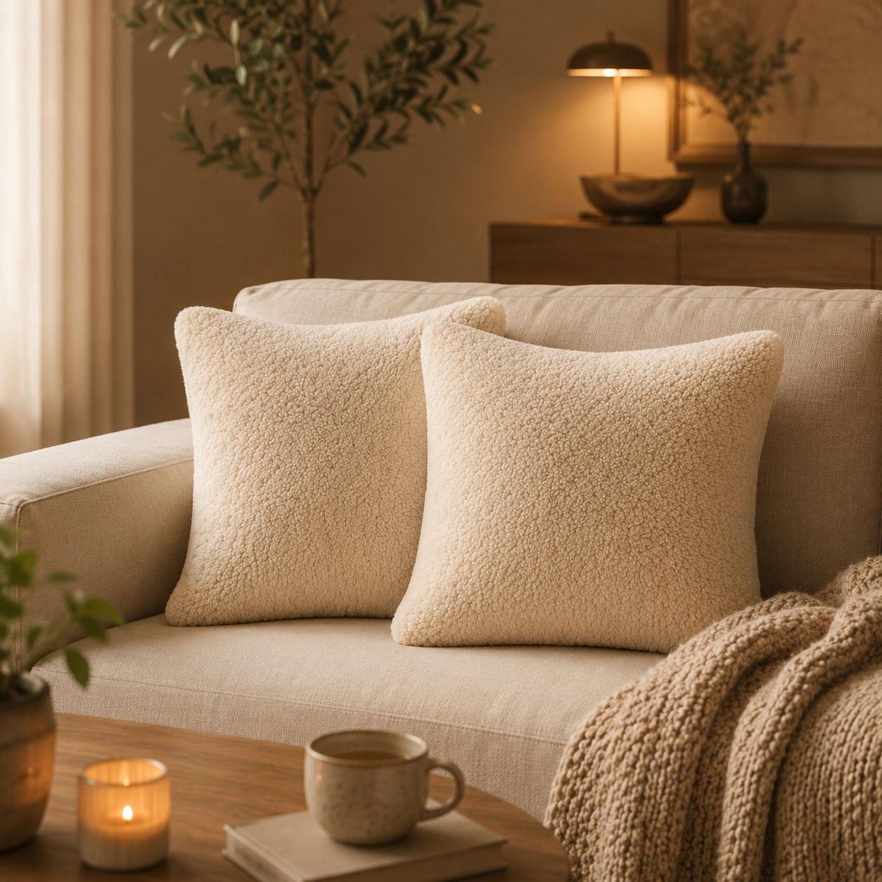 Almofadas de pelego de ovelha sobre sofá em sala de estar - decoração aconchegante DECOURO