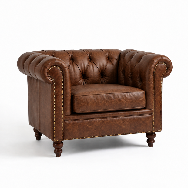 Poltrona Inglesa Chesterfield Tabaco em Couro Premium (Texturizado) — versão 1 Poltrona