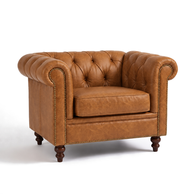 Poltrona Inglesa Chesterfield Caramelo em Couro Premium (Texturizado) — versão 1 Poltrona