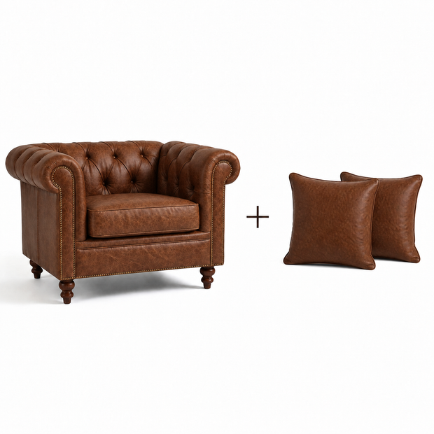 Poltrona Inglesa Chesterfield Tabaco em Couro Premium (Texturizado) — versão Poltrona + 2 Almofadas