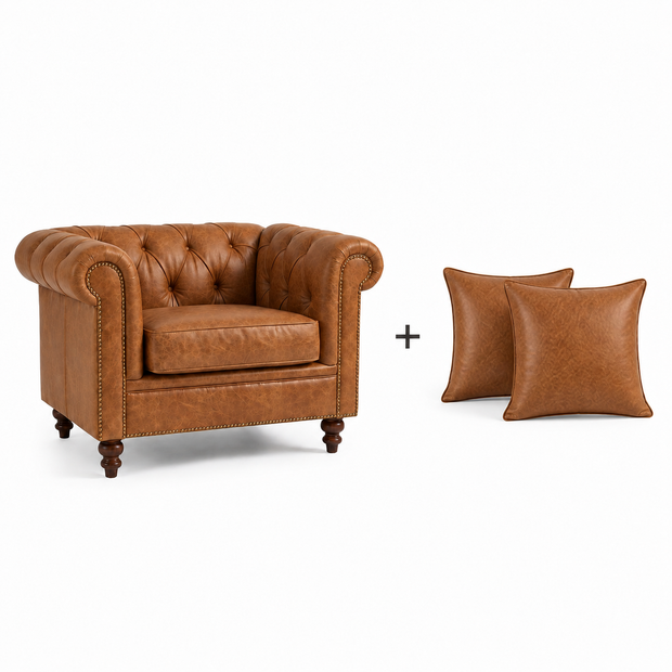 Poltrona Inglesa Chesterfield Caramelo em Couro Premium (Texturizado) — versão Poltrona + 2 Almofadas