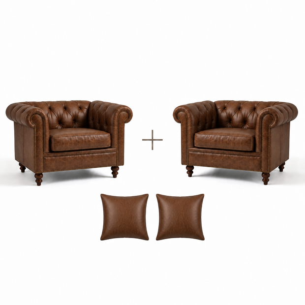 Poltrona Inglesa Chesterfield Tabaco em Couro Premium (Texturizado) — versão 2 Poltronas + 2 Almofadas