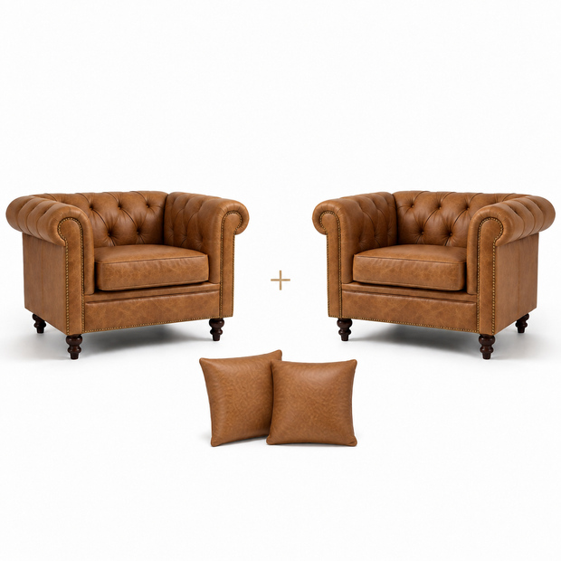 Poltrona Inglesa Chesterfield Caramelo em Couro Premium (Texturizado) — versão 2 Poltronas + 2 Almofadas