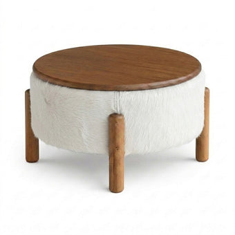 Mesa de Centro Redonda em Madeira e Couro Natural Branco 55x32cm