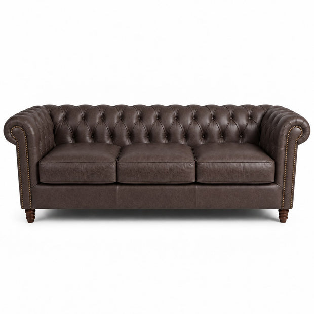 Sofá Inglês Chesterfield Café em Couro Premium Texturizado 2, 3 ou 4 Lugares — versão 3 Lugares