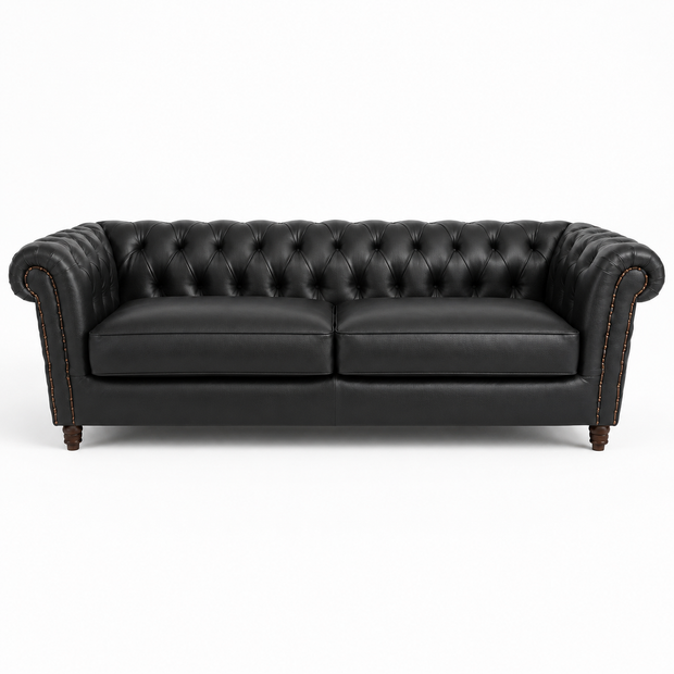 Sofá Inglês Chesterfield Preto Grafite em Couro Bovino Natural Legítimo 2, 3 ou 4 Lugares — versão 2 Lugares
