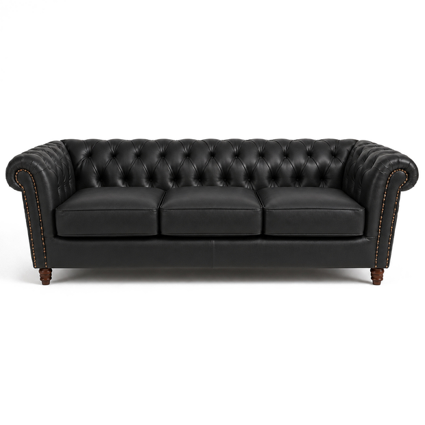 Sofá Inglês Chesterfield Preto Grafite em Couro Bovino Natural Legítimo 2, 3 ou 4 Lugares — versão 3 Lugares