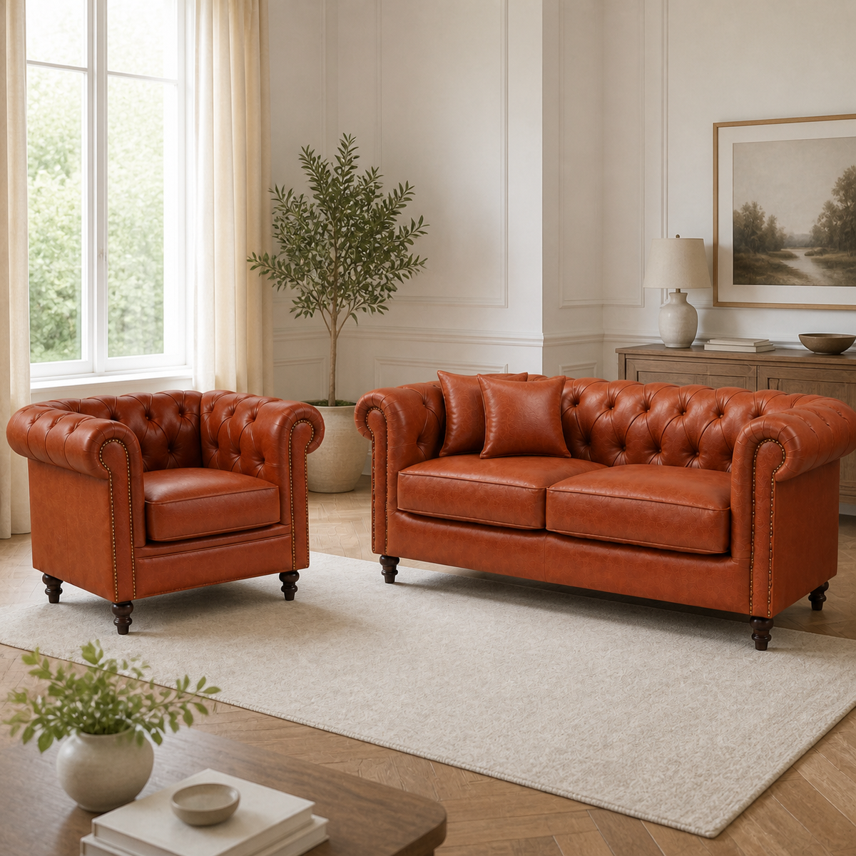 Conjunto de sofá e poltrona Chesterfield Terracota em sala clara com oliveira e tapete bege