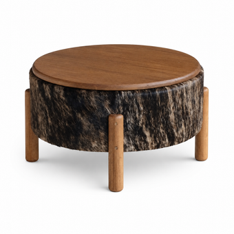 Mesa de Centro Redonda em Madeira e Couro Natural Brazino Escuro 55x32cm - Pronta Entrega