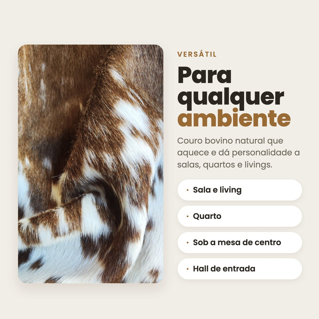 DECOURO · Tapete Bovino Exótico Marrom e Branco I EXC863 I 1,89x2,23m em Couro Legítimo — Versatilidade
