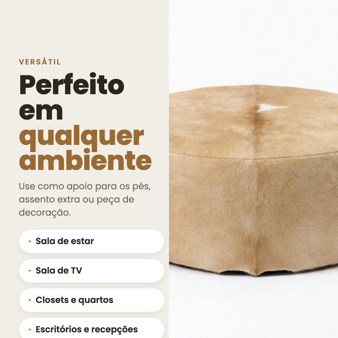 DECOURO · Puff Redondo em Couro Bovino Natural Bege Claro — Versatilidade
