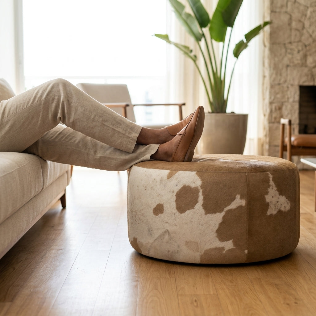 Puff Redondo em Couro Bovino Natural Bege Malhado 80x40 cm Tamanho Grande