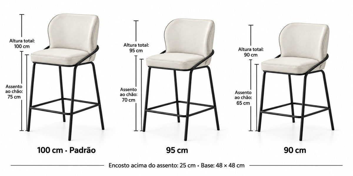 Banqueta Nature off white: comparação das alturas 100, 95 e 90 cm, com assento a 75, 70 e 65 cm do chão