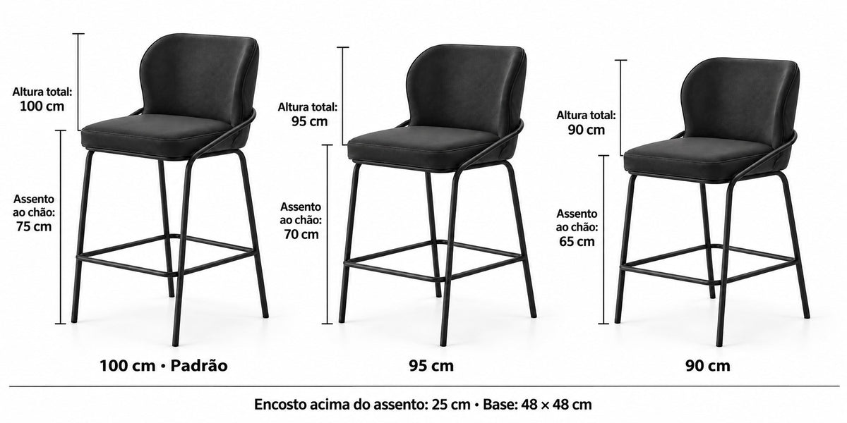 Banqueta Nature preto: comparação das alturas 100, 95 e 90 cm, com assento a 75, 70 e 65 cm do chão