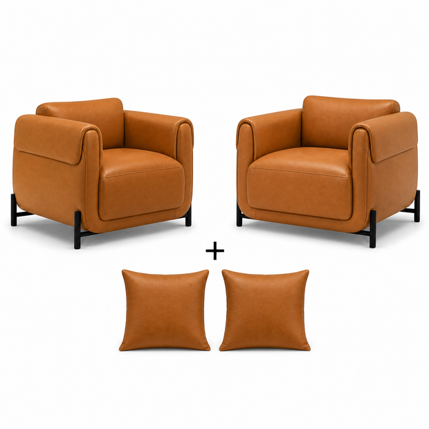 Poltrona Plush La Paz Mel em Couro Premium com Base em Aço Carbono — versão 2 Poltronas + 2 Almofadas