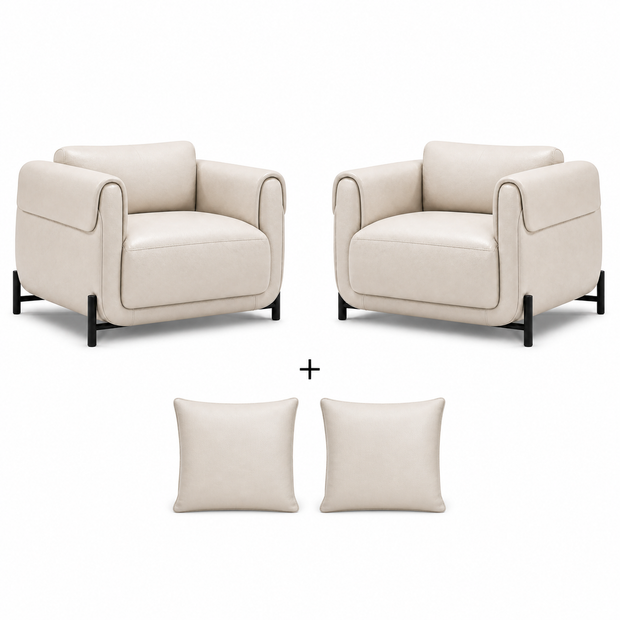 Poltrona Plush Marfim Off-White em Couro Legítimo com Base Metálica — versão 2 Poltronas + 2 Almofadas