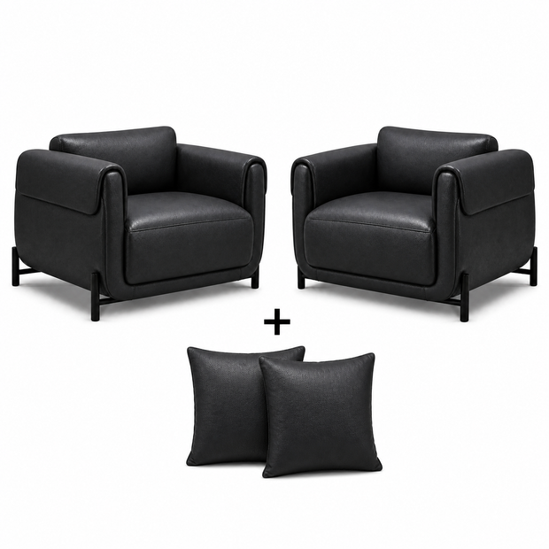 Poltrona Plush Preto Grafite em Couro Legítimo, Base Aço Carbono — versão 2 Poltronas + 2 Almofadas