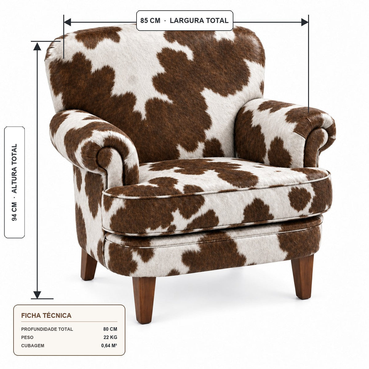 Poltrona Kansas em Pelo Bovino Natural Marrom e Branco — medidas: 85 cm de largura, 80 cm de profundidade e 94 cm de altura