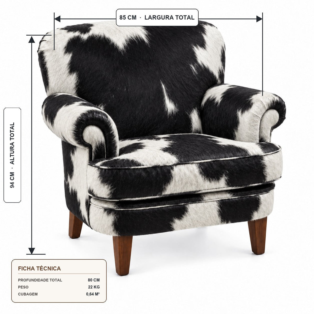 Poltrona Kansas em Pelo Bovino Natural Preto e Branco — medidas: 85 cm de largura, 80 cm de profundidade e 94 cm de altura