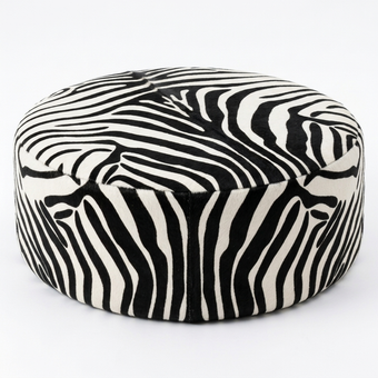 Puff Redondo em Couro Legítimo Serigrafia Zebra Tamanho Grande 80x40cm