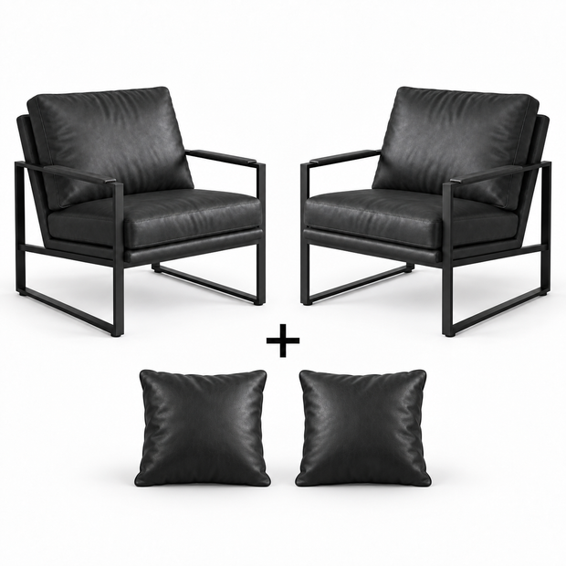 Poltrona Lyra Preto em Couro Legítimo e Aço Carbono | DECOURO — versão 2 Poltronas + 2 Almofadas
