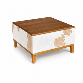 Mesa de Centro em Couro e Madeira Maciça 60x60x35cm - Pronta Entrega