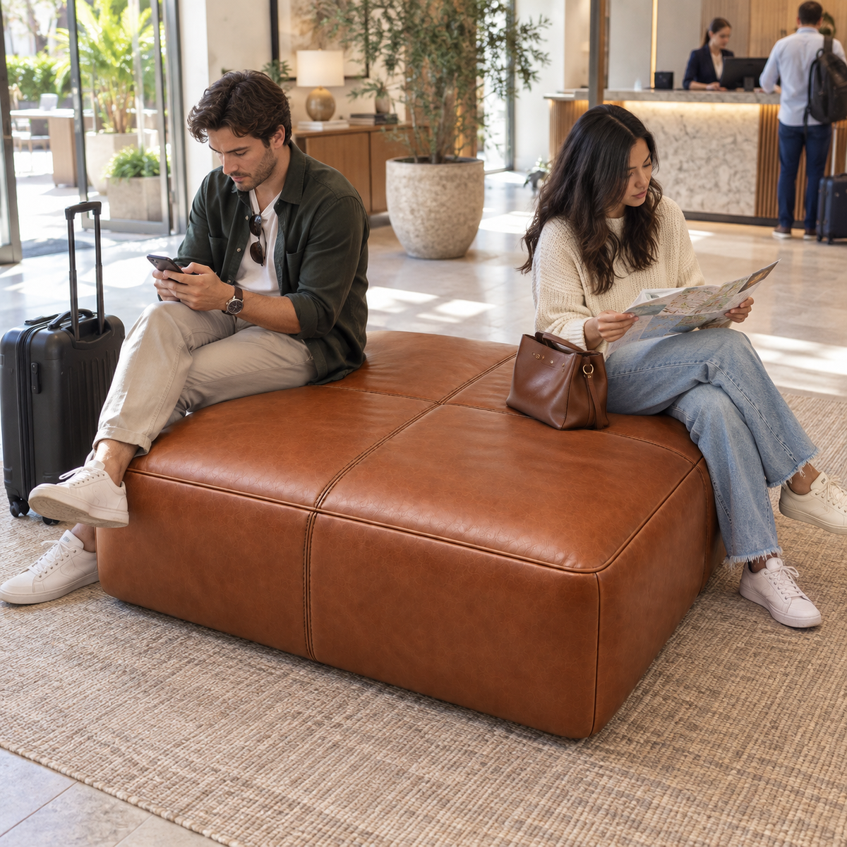 Puff quadrado gigante Terracota na recepção de um hotel, como uma ilha confortável de espera