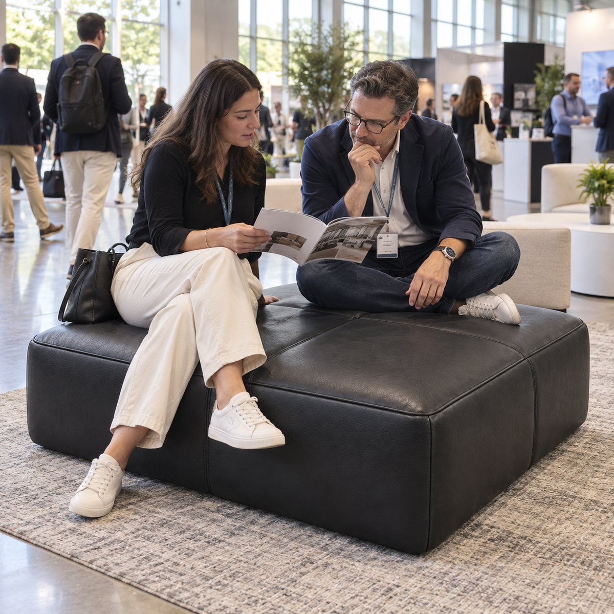 Puff quadrado gigante Preto em um salão de eventos, atendendo áreas de descanso e recepção