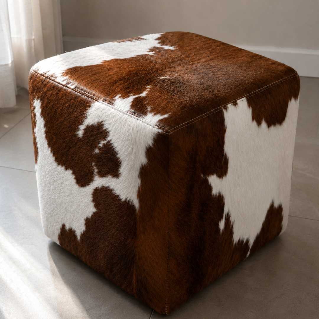 Puff quadrado marrom e branco em ambiente decorado - sala de estar DECOURO