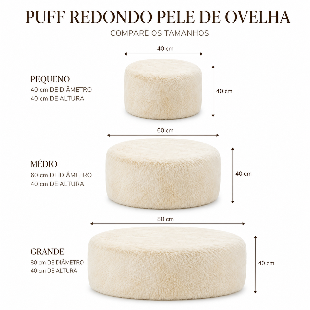 Comparativo dos puffs redondos de pele de ovelha pequeno, médio e grande: 40, 60 e 80 cm de diâmetro, todos com 40 cm de altura