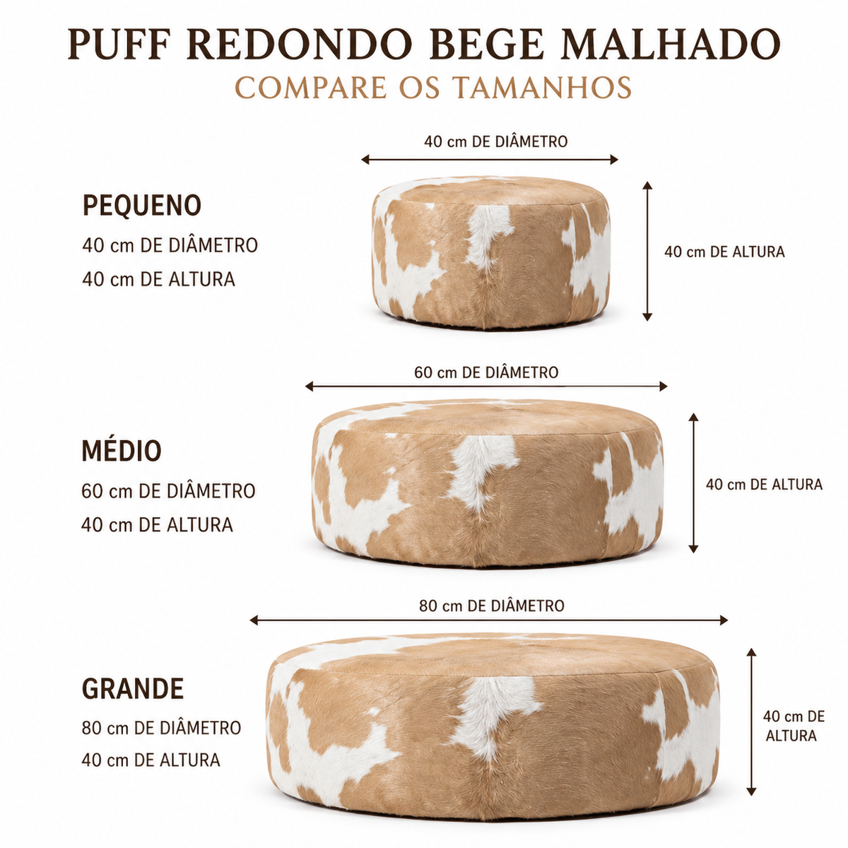 Comparativo dos puffs redondos bege malhado pequeno, médio e grande: 40, 60 e 80 cm de diâmetro, todos com 40 cm de altura